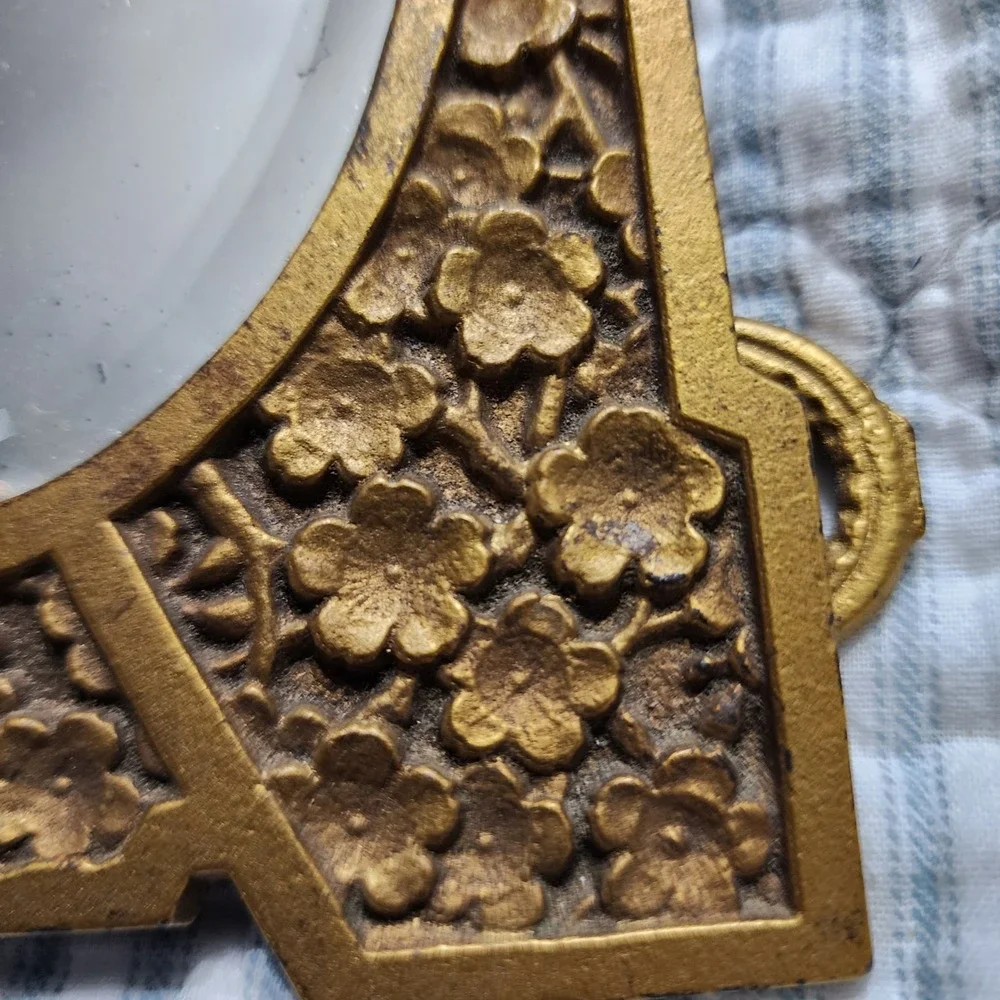 Vintage Gold Cast Metal Floral Tabletop Mirror Ornate Beveled Oval Easel 9432